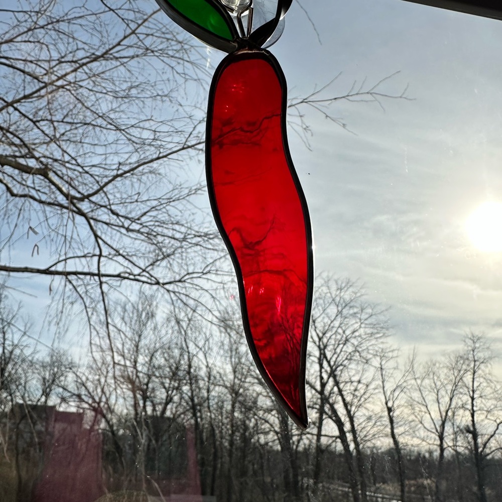 Vibrant Red and Green Chili Pepper Stained Glass Art Suncatcher